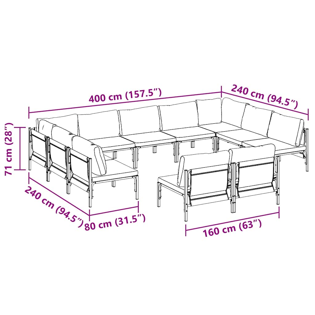vidaXL Tuinbank Set met kussen 11 pcs Zwart Staal