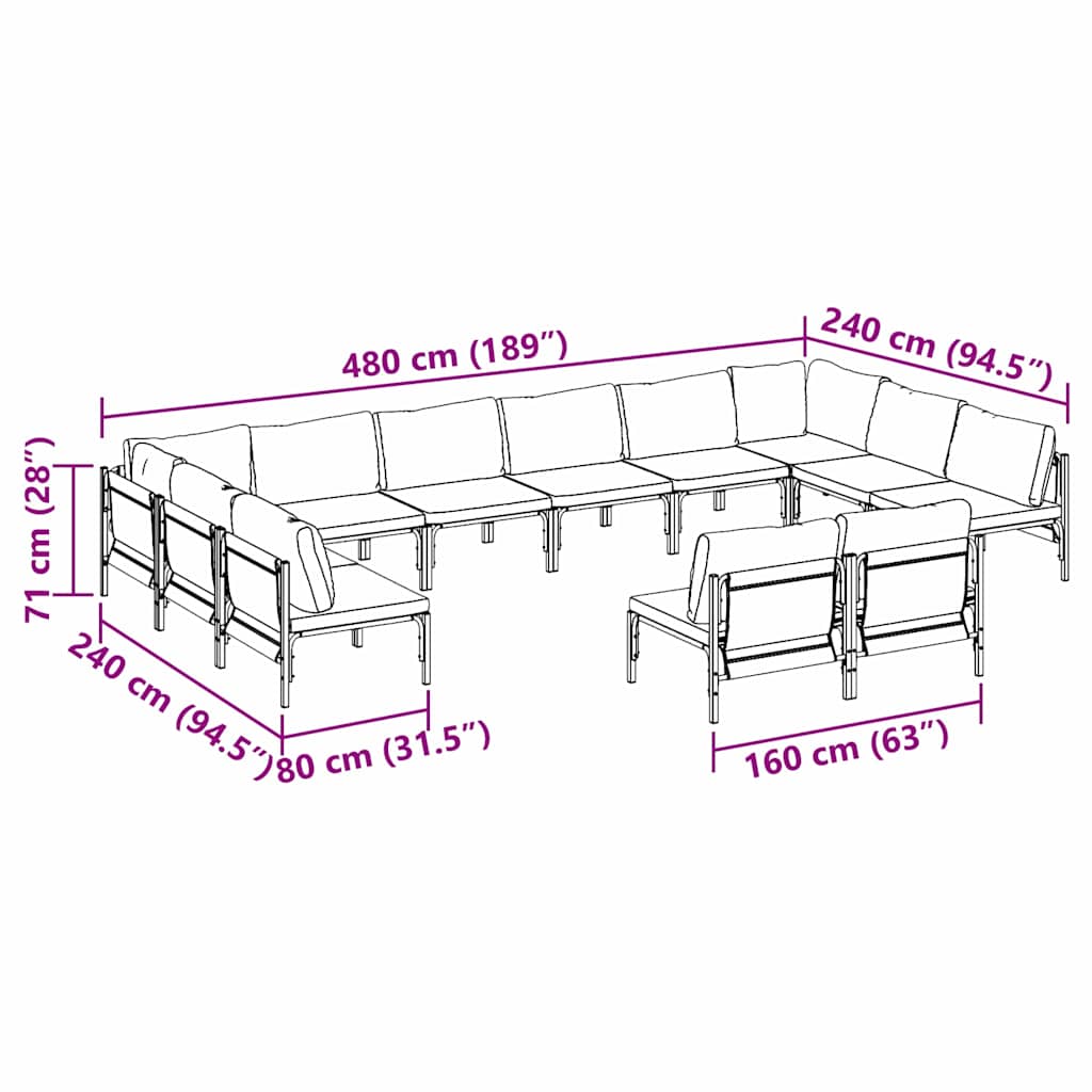 vidaXL Tuinbank Set met kussen 12 pcs Zwart Staal