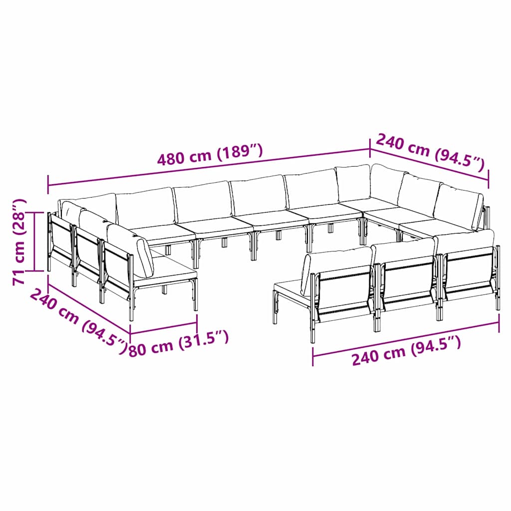 vidaXL Tuinbank Set met kussen 13 pcs Zwart Staal