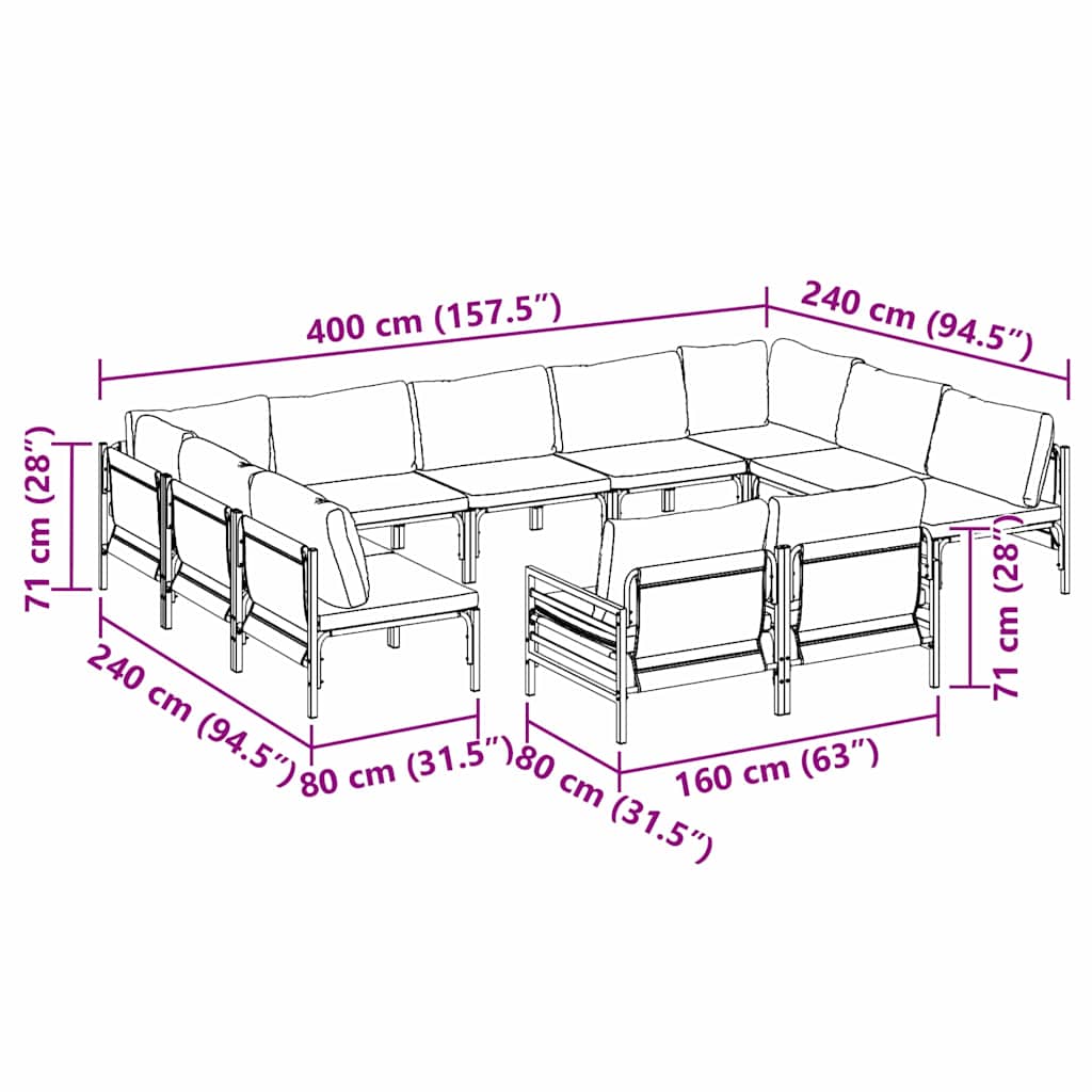 vidaXL Tuinbank Set met kussen 11 pcs Zwart Staal