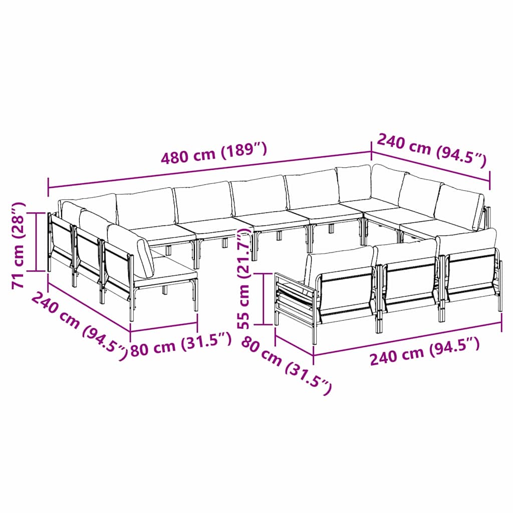 vidaXL Tuinbank Set met kussen 13 pcs Zwart Staal