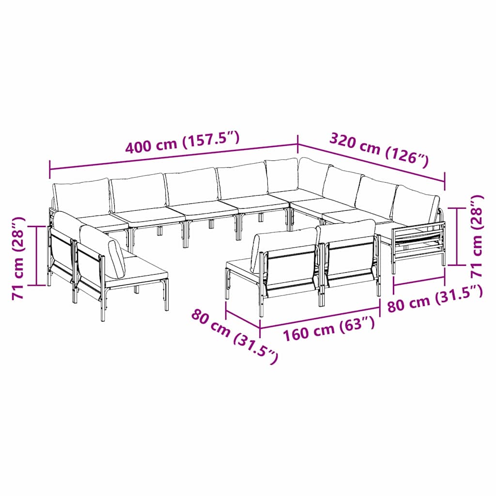 vidaXL Tuinbank Set met kussen 12 pcs Zwart Staal