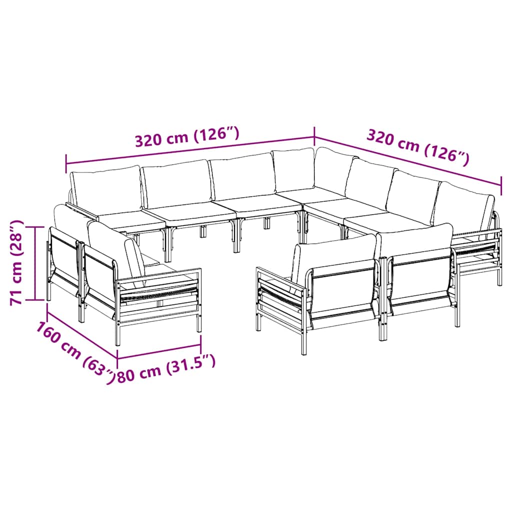 vidaXL Tuinbank Set met kussen 11 pcs Zwart Staal