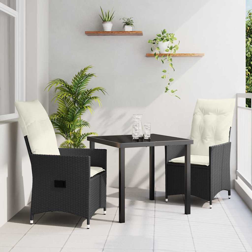 vidaXL Tuin Eettafel Set met kussen 3 pcs Zwart poly rattan