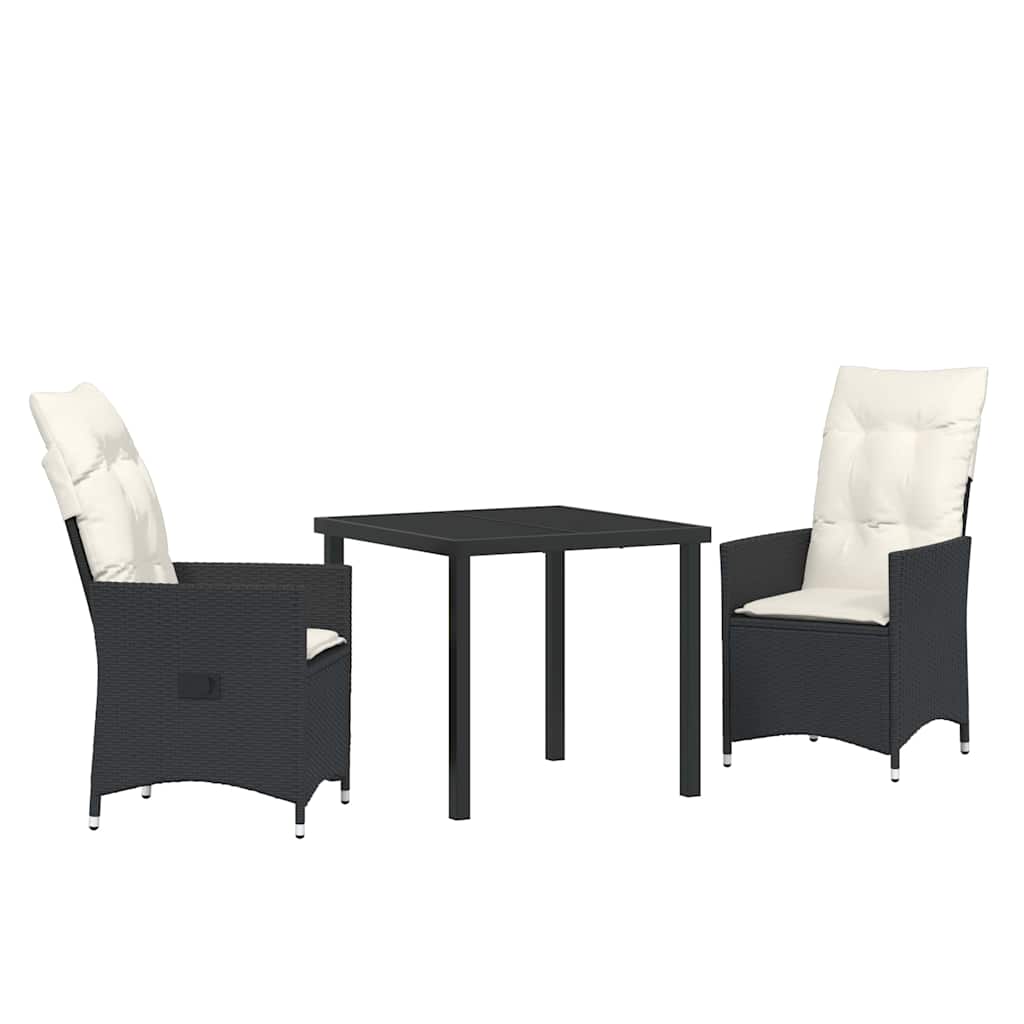 vidaXL Tuin Eettafel Set met kussen 3 pcs Zwart poly rattan