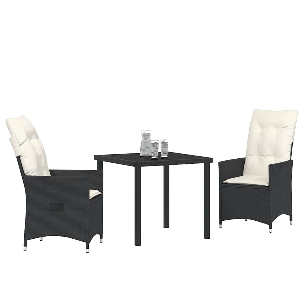 vidaXL Tuin Eettafel Set met kussen 3 pcs Zwart poly rattan