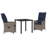 vidaXL Table and Chairs Set with Cushion 3 pcs Grey PE Rattan