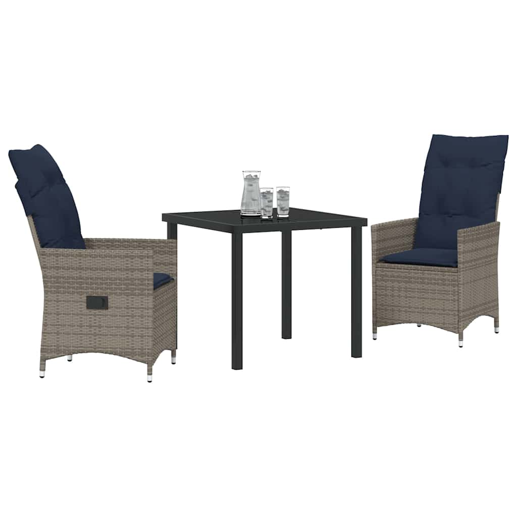 vidaXL Table and Chairs Set with Cushion 3 pcs Grey PE Rattan