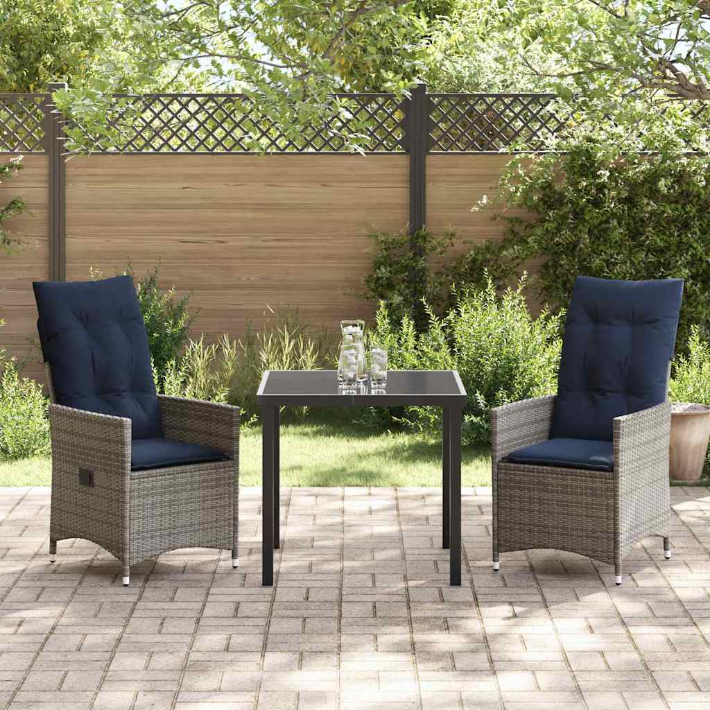 vidaXL Table and Chairs Set with Cushion 3 pcs Grey PE Rattan