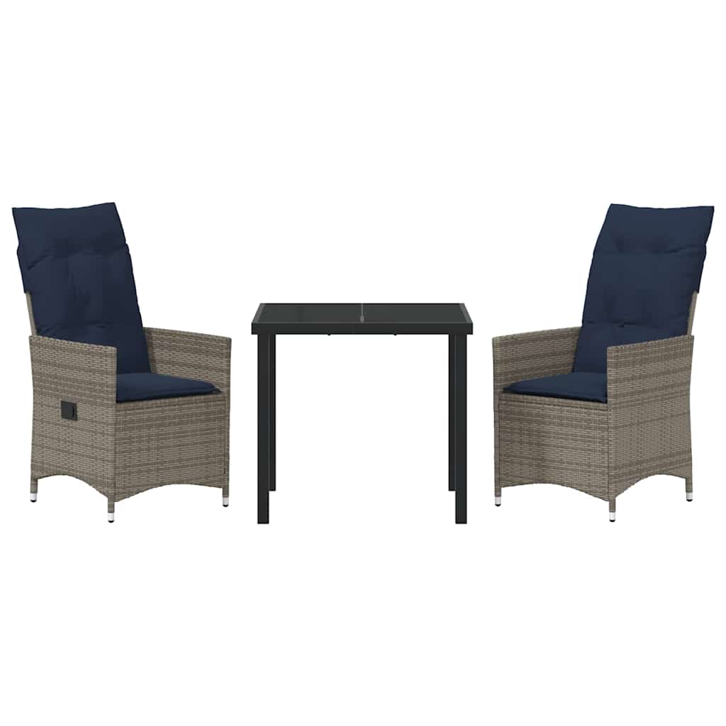 vidaXL Table and Chairs Set with Cushion 3 pcs Grey PE Rattan