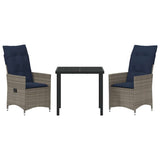 vidaXL Table and Chairs Set with Cushion 3 pcs Grey PE Rattan