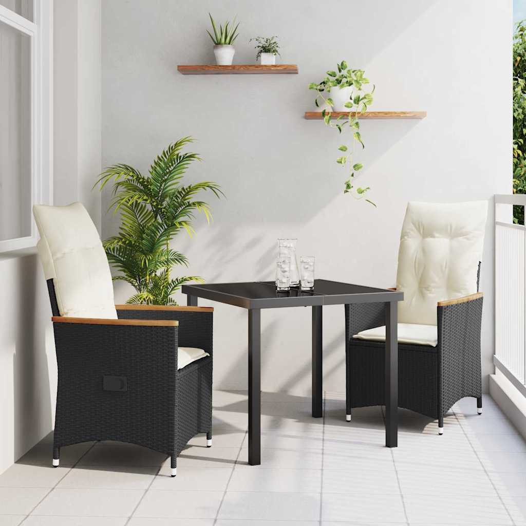 vidaXL Tuin Eettafel Set met kussen 3 pcs Zwart poly rattan