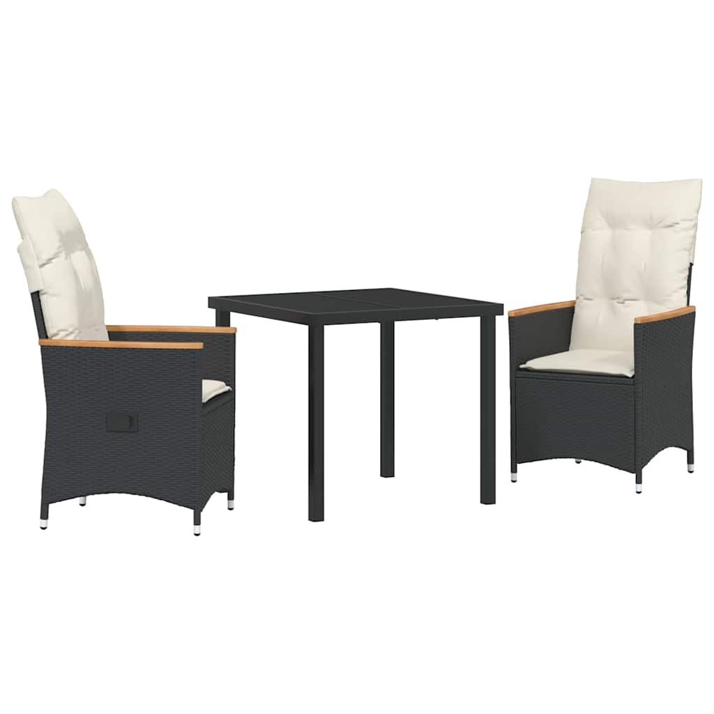vidaXL Tuin Eettafel Set met kussen 3 pcs Zwart poly rattan