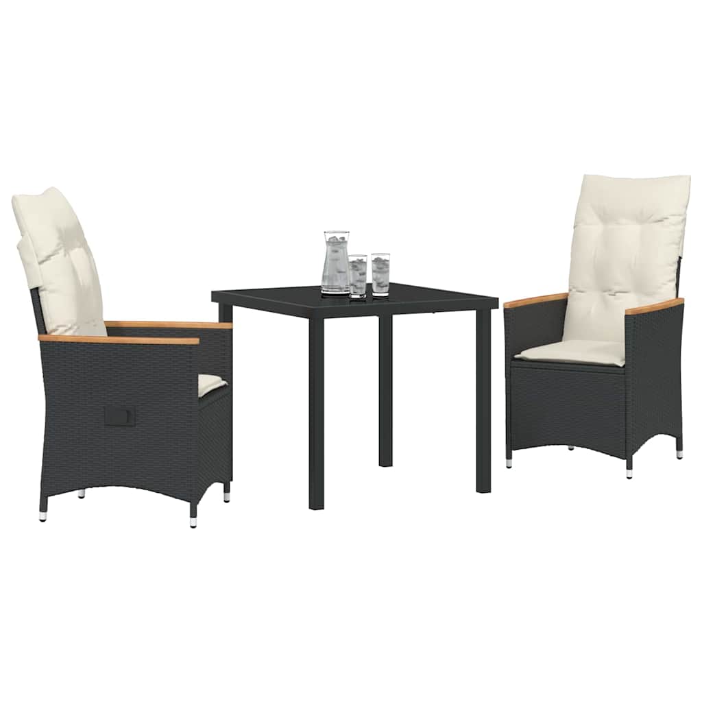 vidaXL Tuin Eettafel Set met kussen 3 pcs Zwart poly rattan