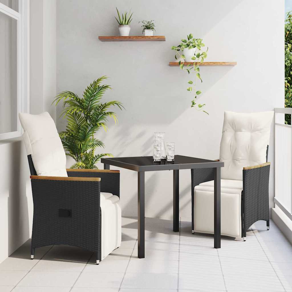 vidaXL Tuin Eettafel Set met kussen 3 pcs Zwart poly rattan