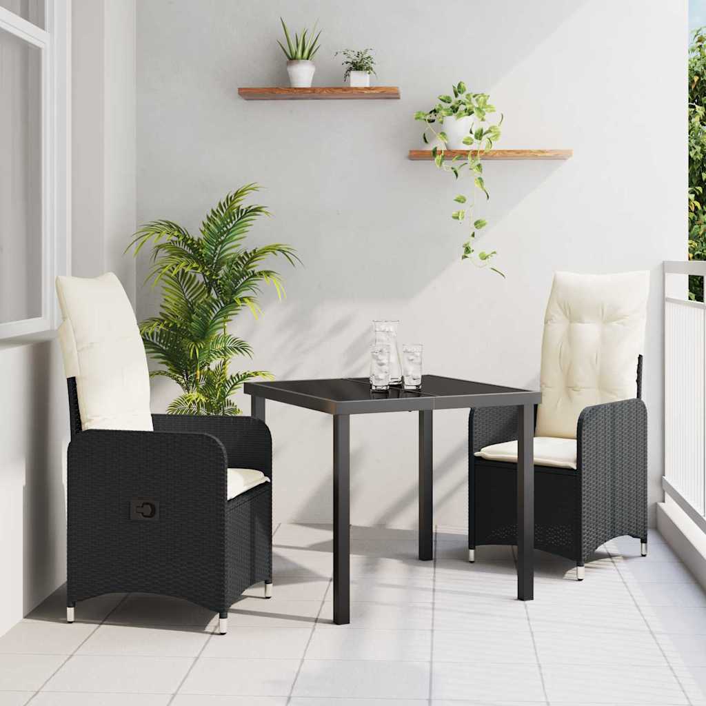 vidaXL Tuin Eettafel Set met kussen 3 pcs Zwart poly rattan