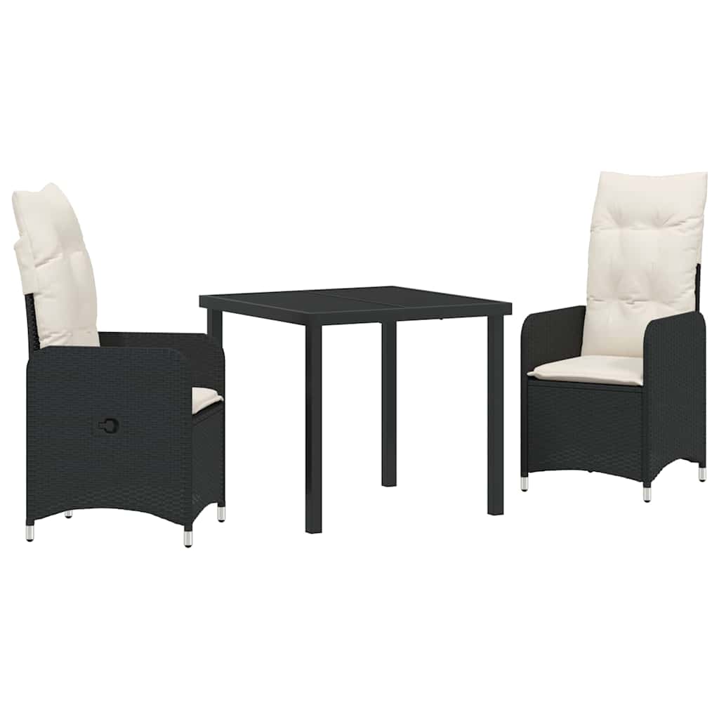 vidaXL Tuin Eettafel Set met kussen 3 pcs Zwart poly rattan