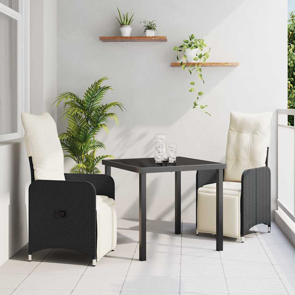 vidaXL Tuin Eettafel Set met kussen 3 pcs Zwart poly rattan