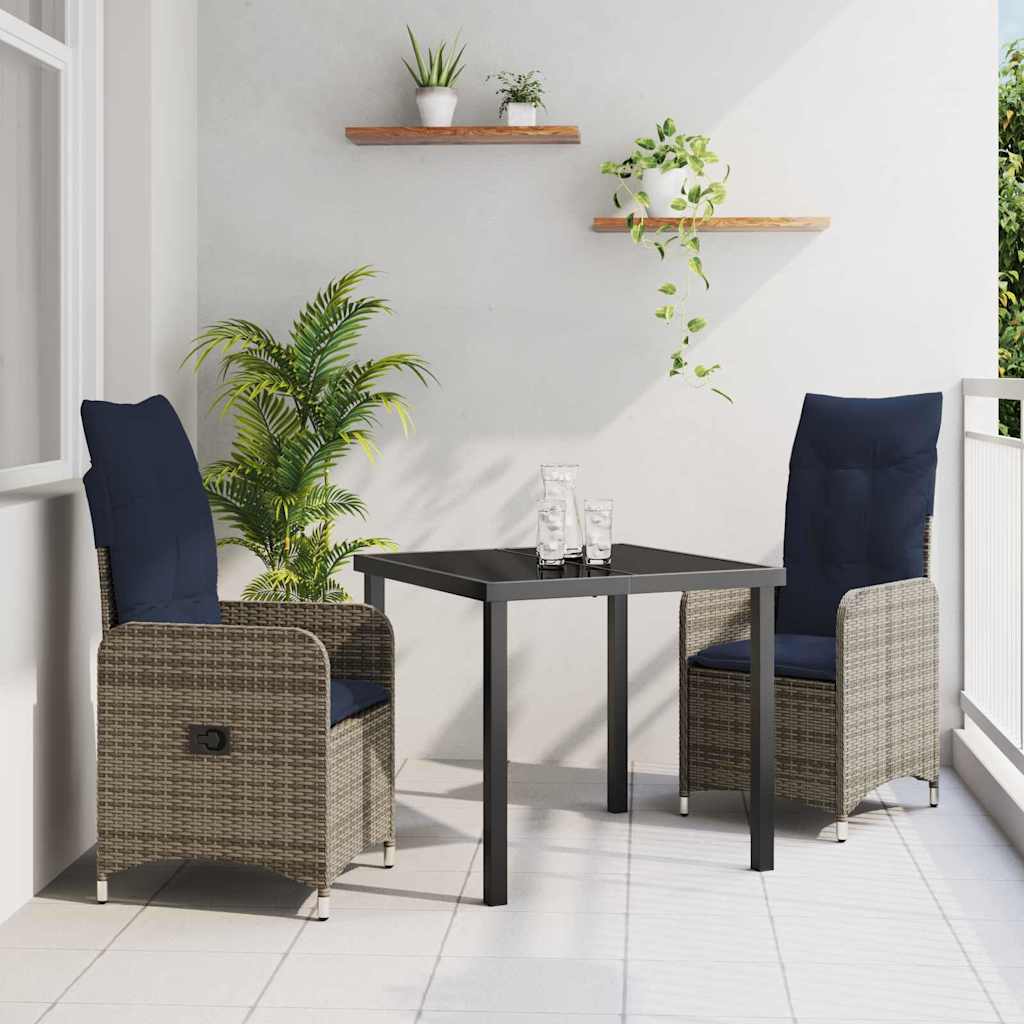 vidaXL Tafel en stoelen set met kussen 3 pcs Grijs PE Riet