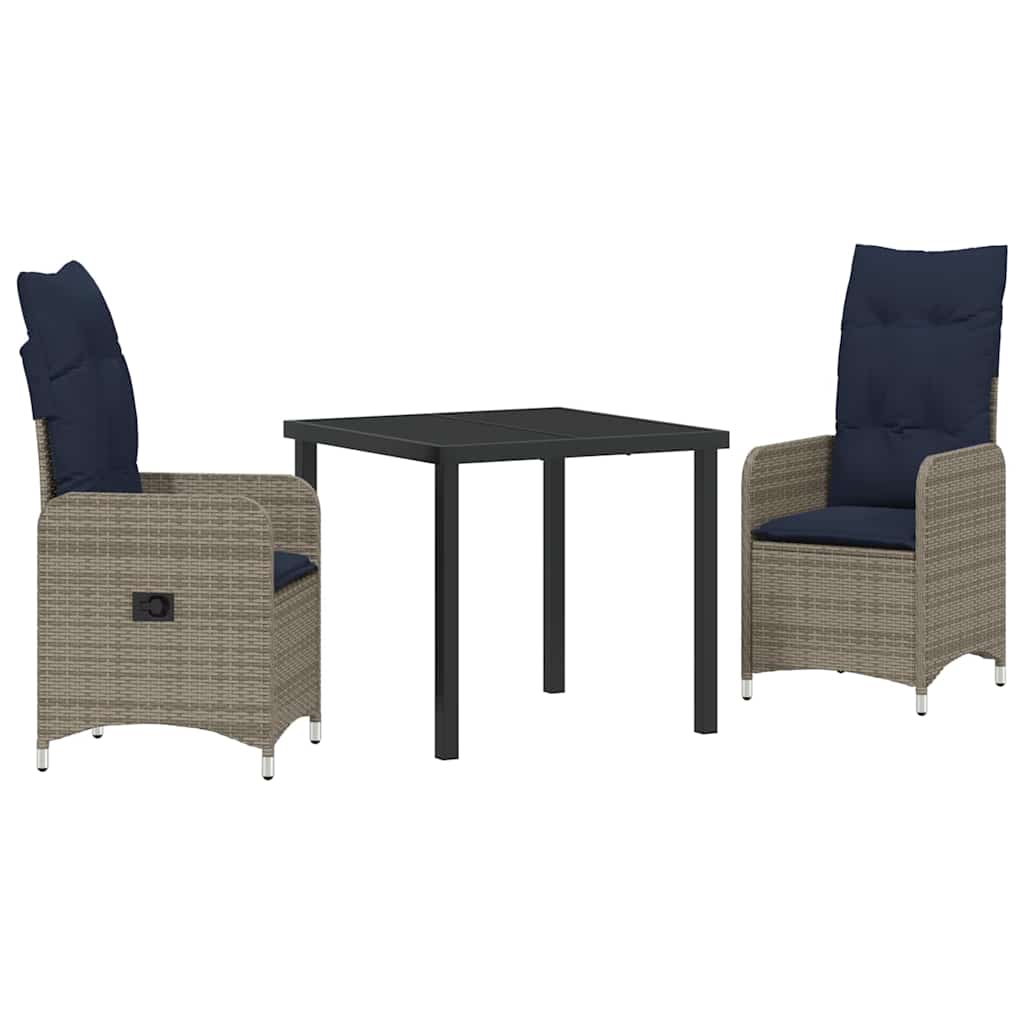 vidaXL Tafel en stoelen set met kussen 3 pcs Grijs PE Riet