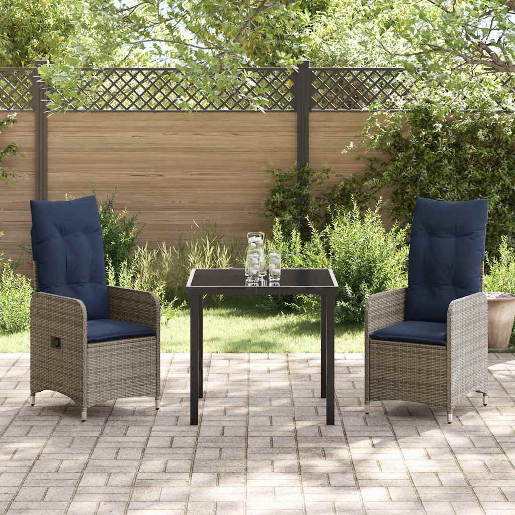 vidaXL Tafel en stoelen set met kussen 3 pcs Grijs PE Riet