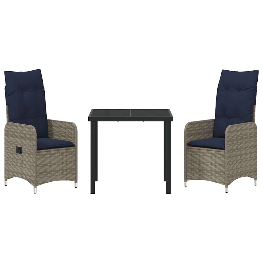 vidaXL Tafel en stoelen set met kussen 3 pcs Grijs PE Riet