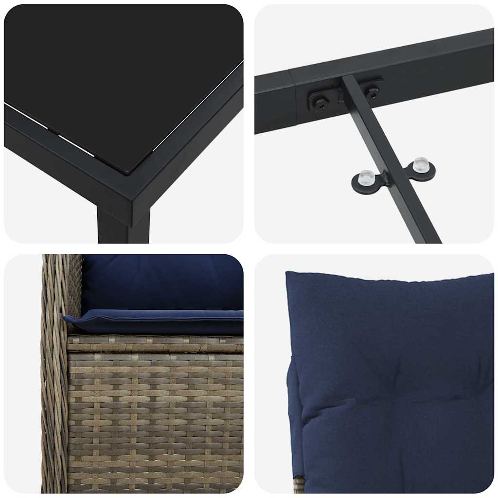 vidaXL Tafel en stoelen set met kussen 3 pcs Grijs PE Riet