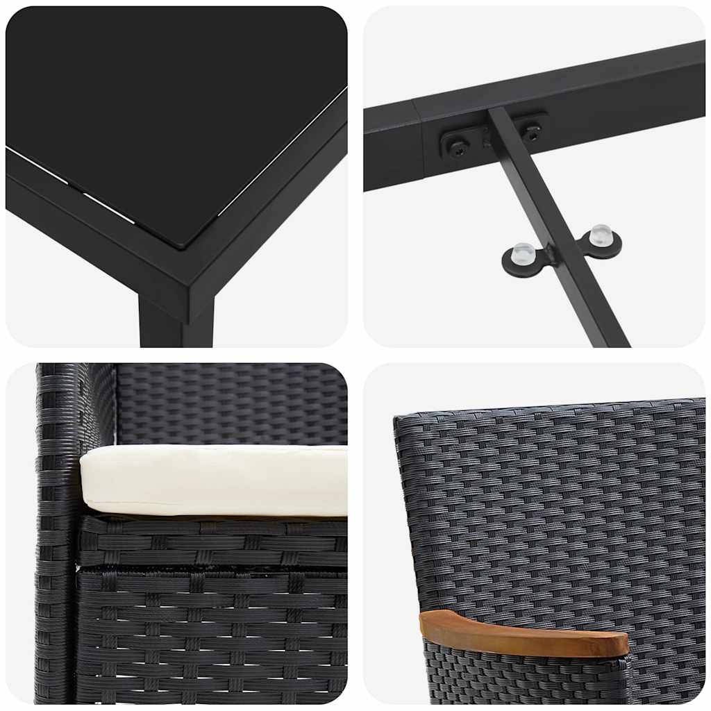 vidaXL Tuin Eettafel Set met kussen 3 pcs Zwart poly rattan