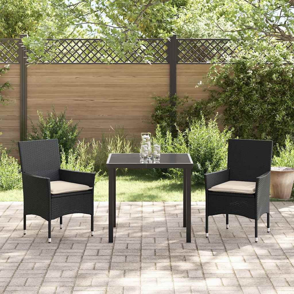 vidaXL Tuin Eettafel Set met kussen 3 pcs Zwart poly rattan