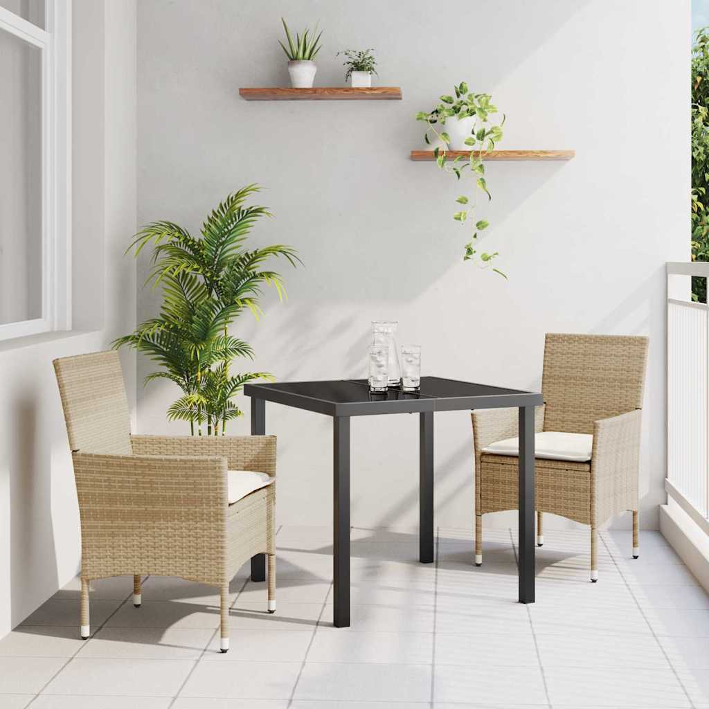 vidaXL Tuin Eettafel Set met kussen 3 pcs Zwart poly rattan