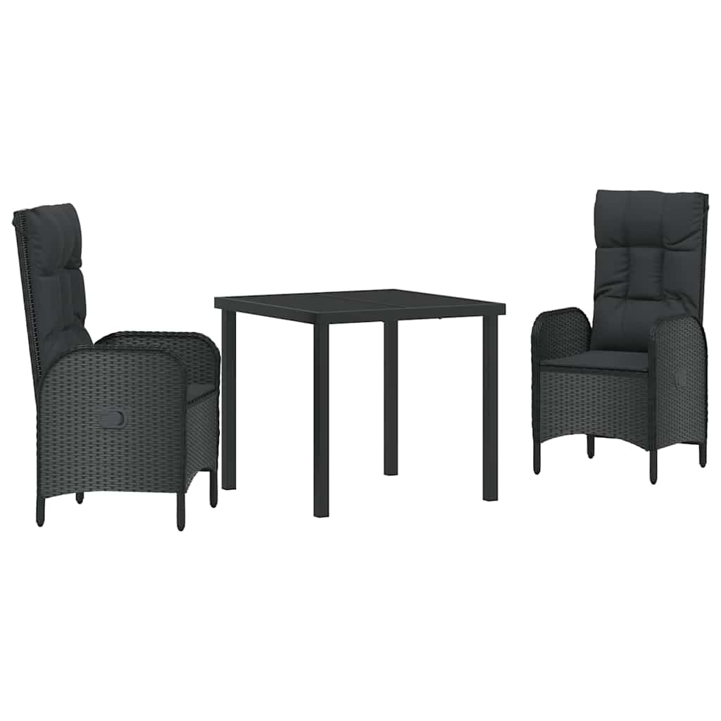 vidaXL Tuin Eettafel Set met kussen 3 pcs Zwart poly rattan