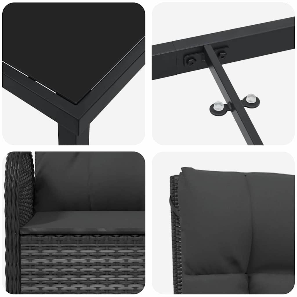 vidaXL Tuin Eettafel Set met kussen 3 pcs Zwart poly rattan