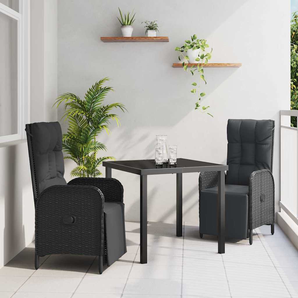 vidaXL Tuin Eettafel Set met kussen 3 pcs Zwart poly rattan