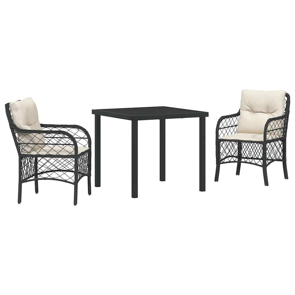 vidaXL Tuin Eettafel Set met kussen 3 pcs Zwart poly rattan