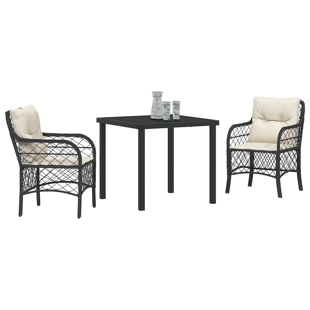 vidaXL Tuin Eettafel Set met kussen 3 pcs Zwart poly rattan