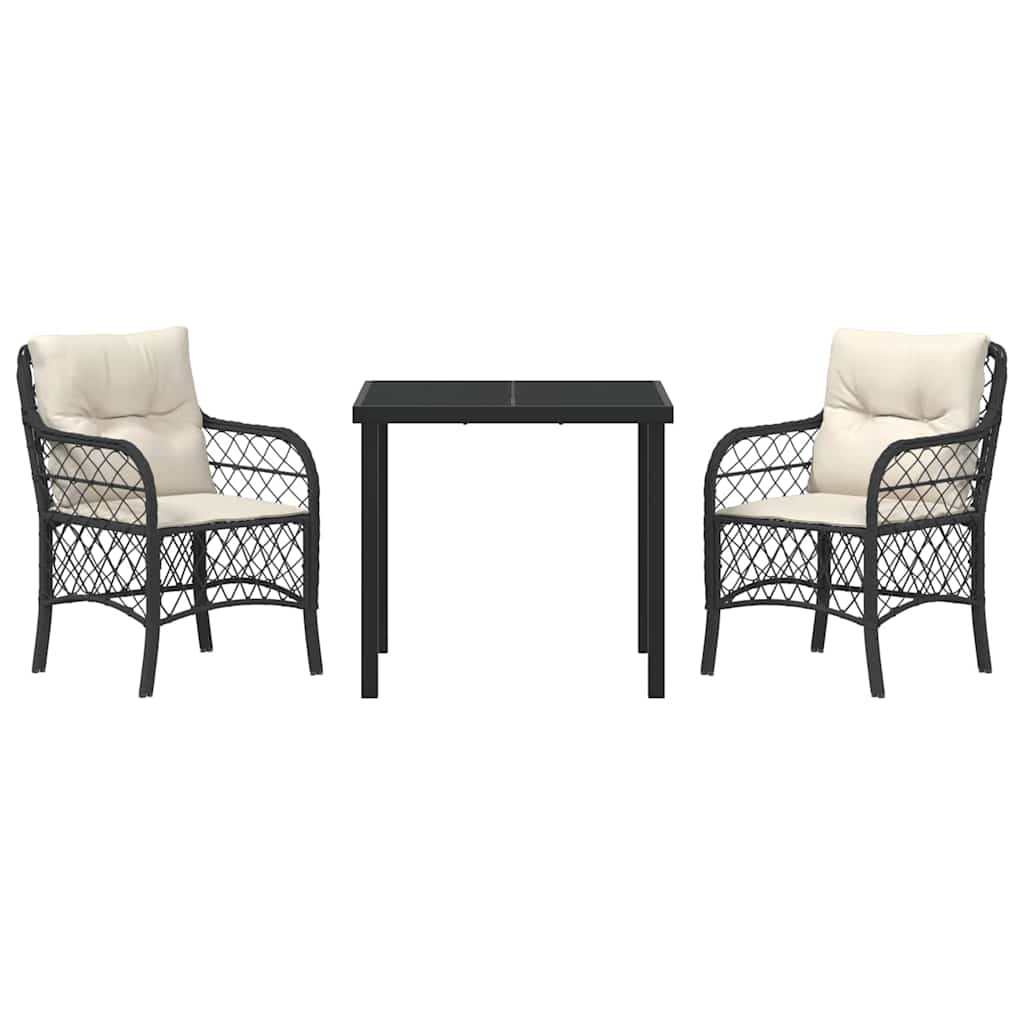 vidaXL Tuin Eettafel Set met kussen 3 pcs Zwart poly rattan