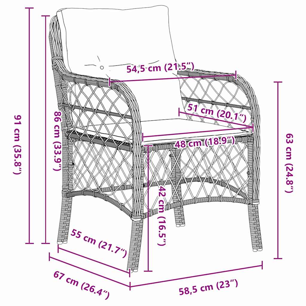vidaXL Tuin Eettafel Set met kussen 3 pcs Zwart poly rattan