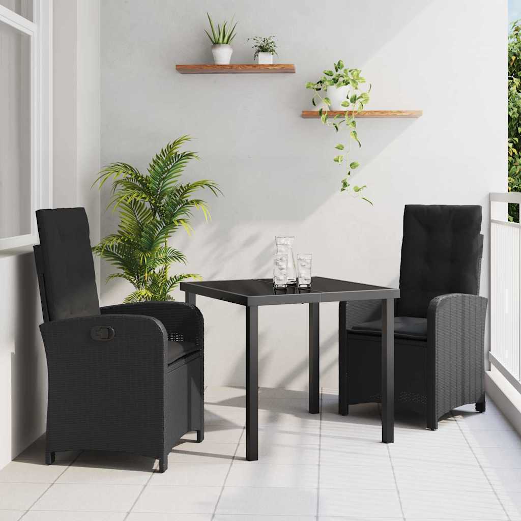 vidaXL Tuin Eettafel Set met kussen 3 pcs Zwart poly rattan