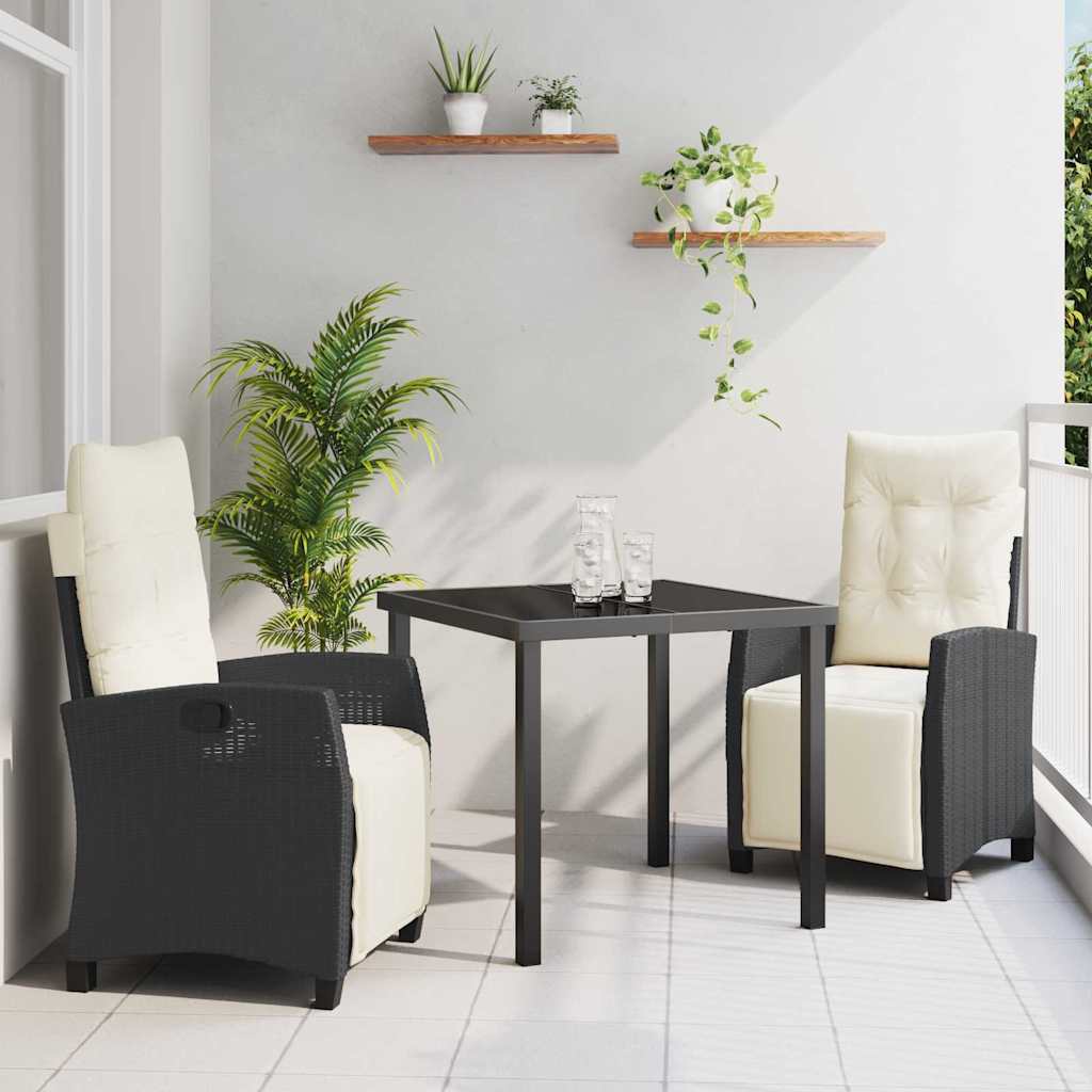 vidaXL Tuin Eettafel Set met kussen 3 pcs Zwart poly rattan