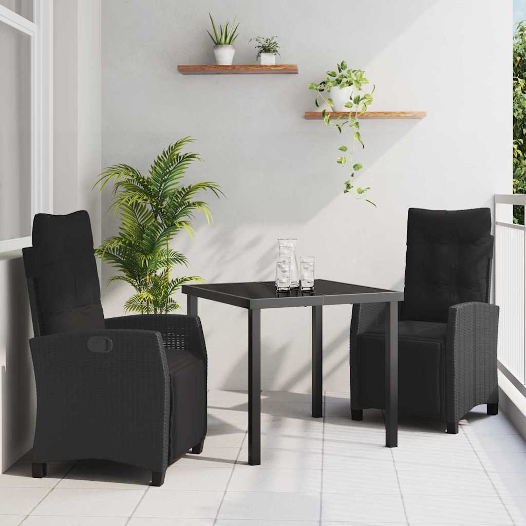 vidaXL Tuin Eettafel Set met kussen 3 pcs Zwart poly rattan