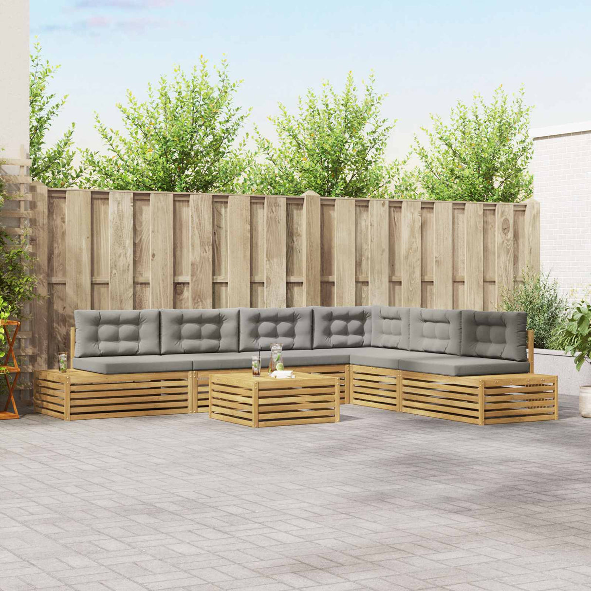 vidaXL Buiten bank set met kussen 7 Stuk Natuurlijk en Crème