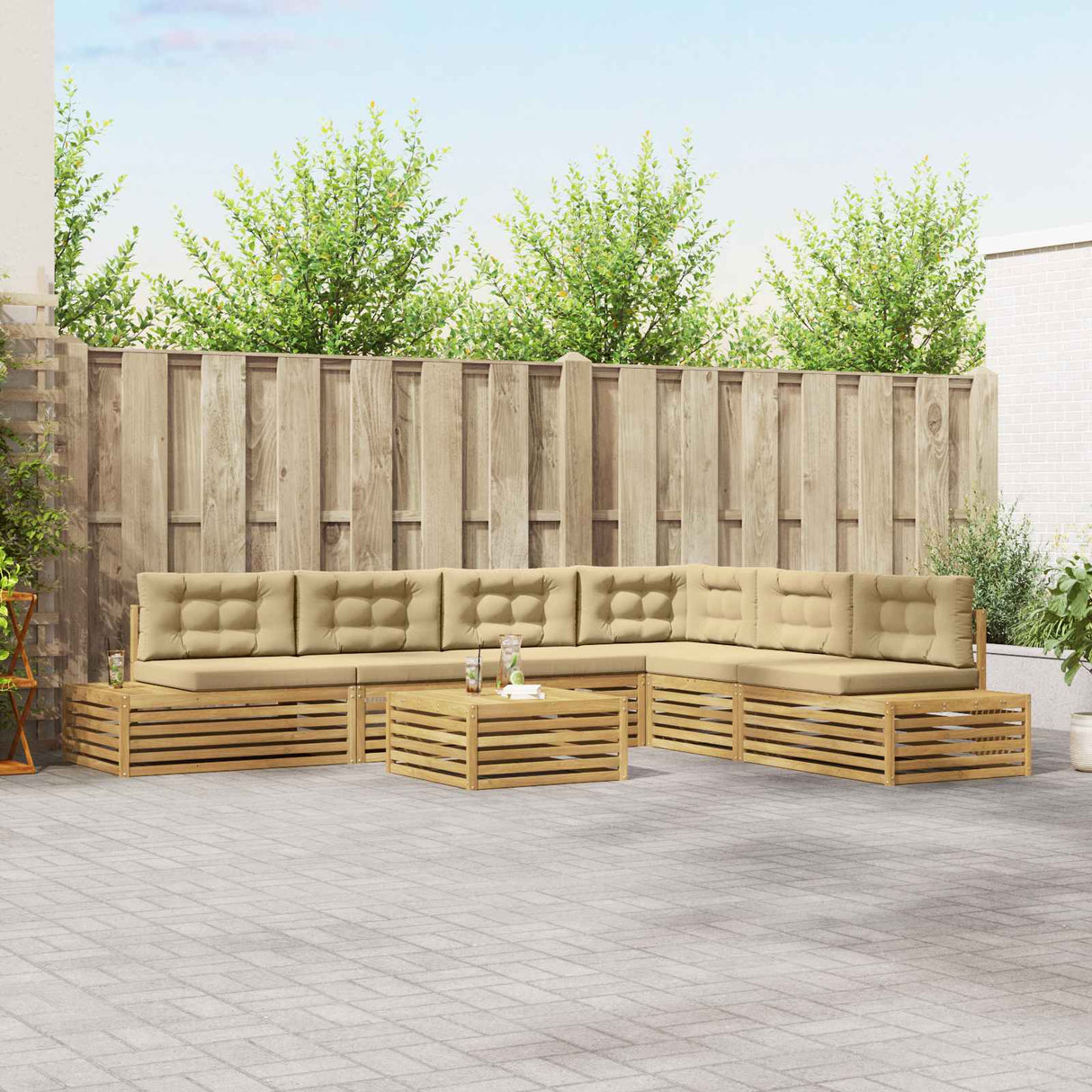 vidaXL Buiten bank set met kussen 7 Stuk Natuurlijk en Crème