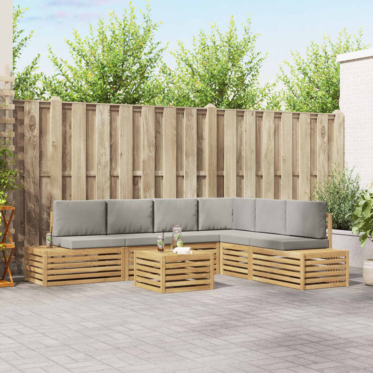 vidaXL Buiten bank set met kussen 7 Stuk Natuurlijk en Crème