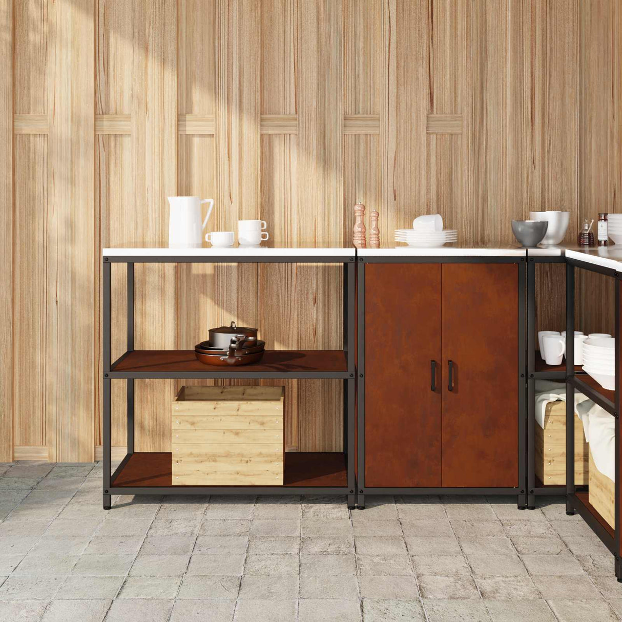 vidaXL Keukenopbergsysteem met plank 2 pcs Zwart Koudgewalst staal