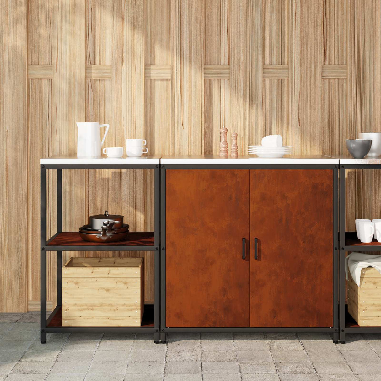 vidaXL Keukenopbergsysteem met plank 2 pcs Zwart Koudgewalst staal