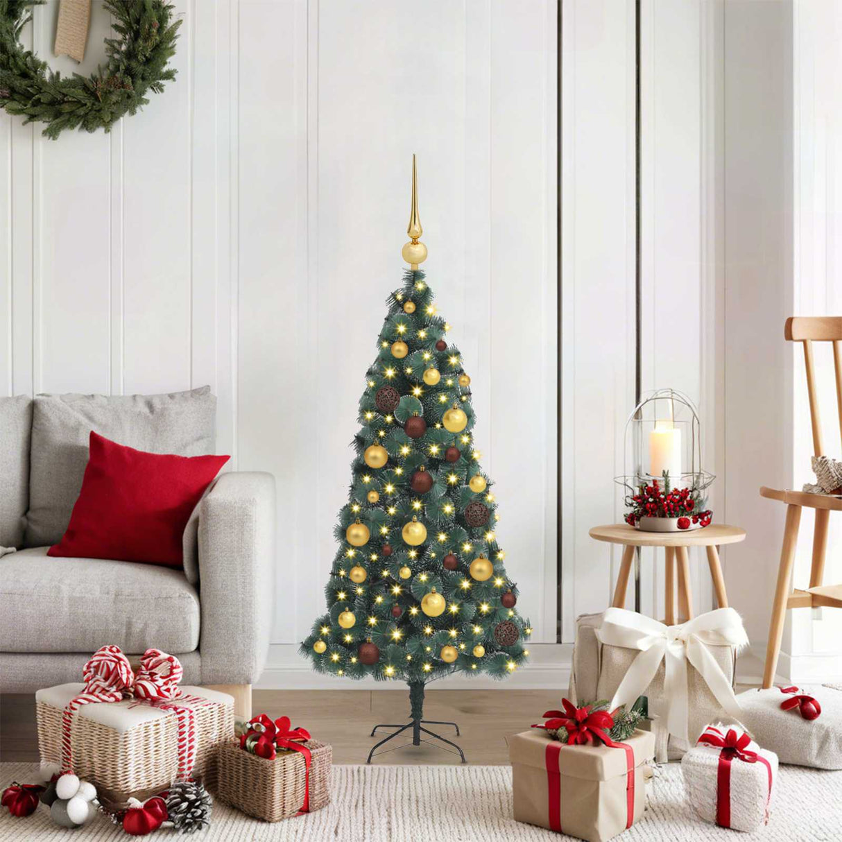 vidaXL Kunstmatige voorverlichte kerstboom met ballenset Groen 120 cm