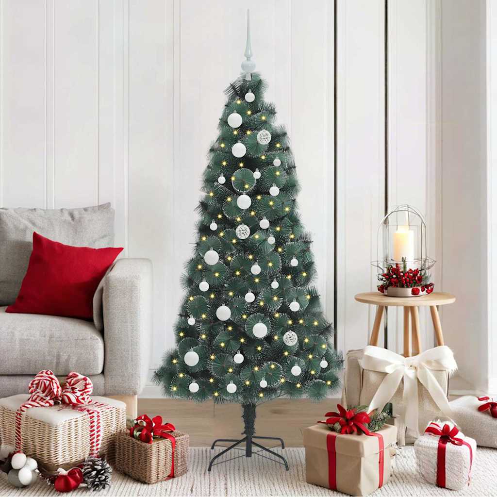 vidaXL Kunstmatige voorverlichte kerstboom met ballenset Groen 120 cm