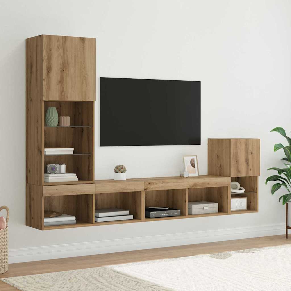 vidaXL 4-delige Tv-wandmeubelset met LED bewerkt hout grijs sonoma