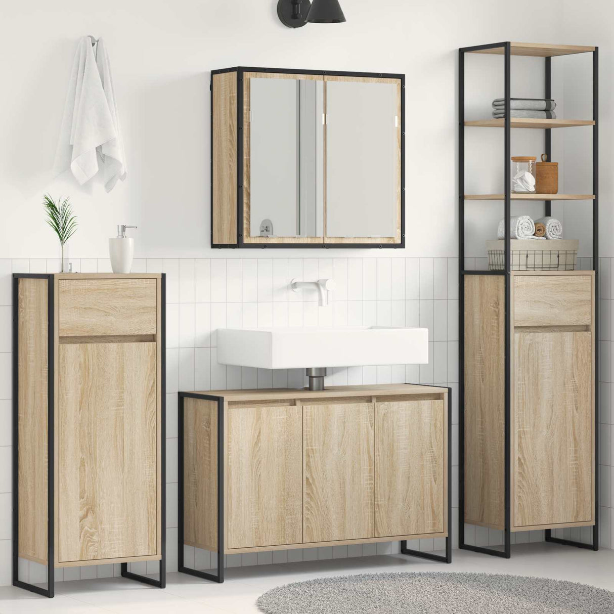 vidaXL Badkamermeubel Set met lade met plank Zwart Eiken Bewerkt hout