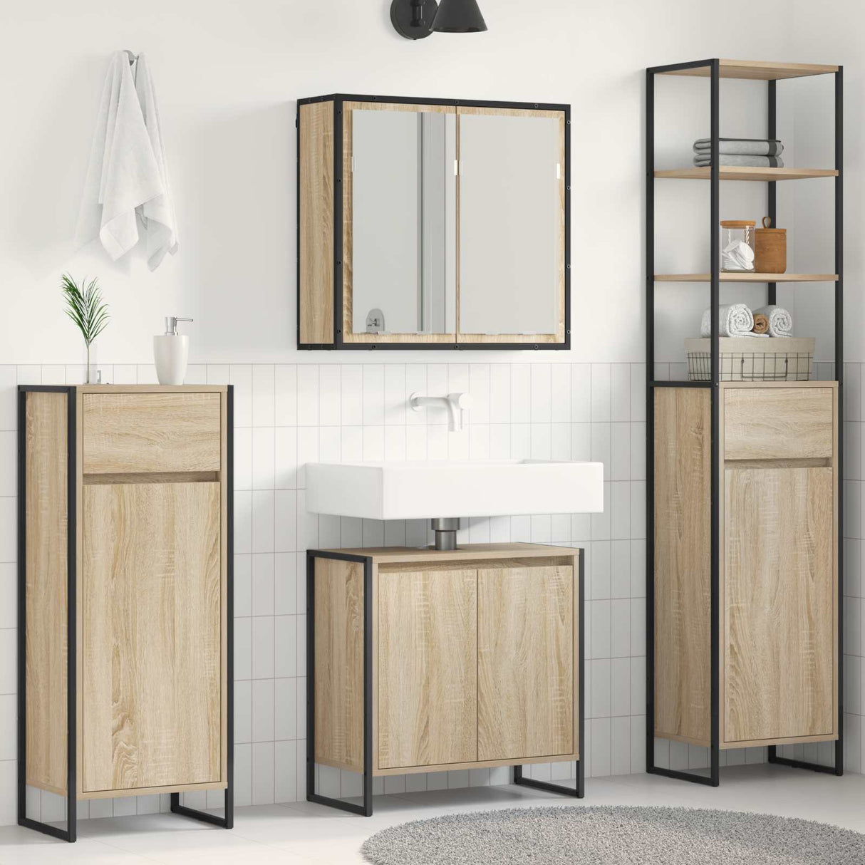 vidaXL Badkamermeubel Set met lade met plank Zwart Eiken Bewerkt hout